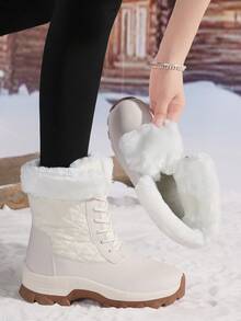 女式冬季高帮百搭翻领保暖内衬保暖雪地靴、女式户外防滑登山靴、新款女式加大码高帮防滑高筒靴、女式保暖内衬厚底靴、女式圆头系带高筒靴、时尚保暖女式雪地靴、女式冬季户外登山靴 - 米色 - 查看 3