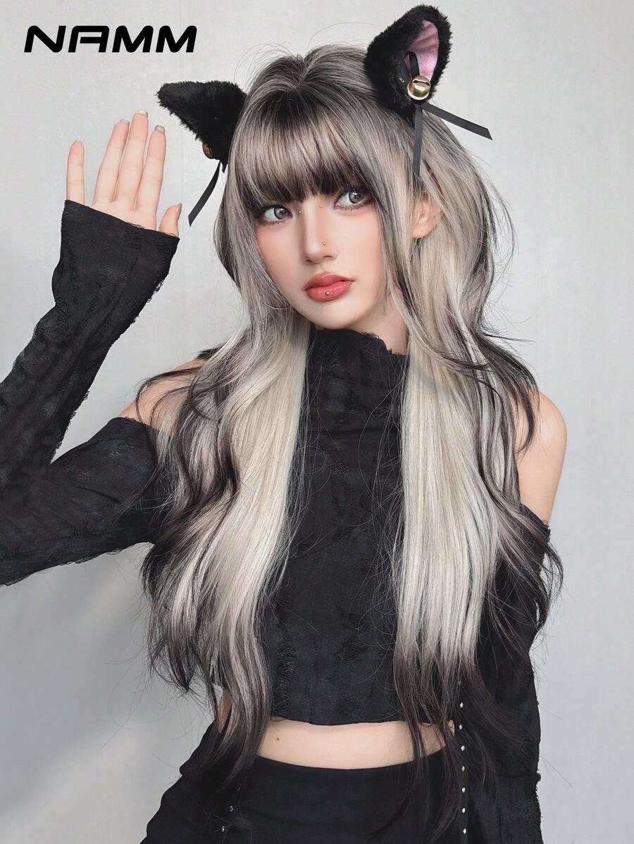 NAMM 30 英寸灰色渐变黑色长波浪假发，女士宽松长波浪假发，华丽蓬松合成假发，刘海自然外观，非常柔软合成耐热纤维头发，漂亮的全机发假发适合时尚女孩日常、动漫或服装角色扮演装饰、音乐节舞会街头穿着使用（渐变灰黑色）