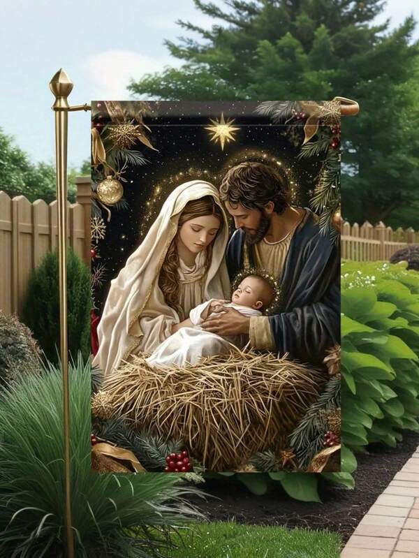 1 Stück Religiöse Weihnachts-Gartenflagge - Weihnachtsszene mit Heiliger Familie, Feiertags-Außendekoration, doppelseitiges Leinengewebe Außen-Dekorationsbanner, 30x45 cm, geeignet für Rasen, Veranda, Terrasse und Gartendekoration (Fahnenmast nicht enthalten) Hervorragend für Weihnachtsdekoration, Raumdekoration, Außendekoration, Veranda-Dekoration