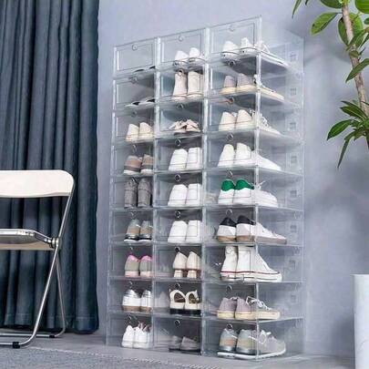6pcs/Set,12pcs/Set Transparent Stackable Shoe Storage Box Organizer Container For Closet Bedroom, Space Saving Foldable Sneaker Rack Holder Display Stand, Shoe Cabinet Storage Solution Keeper