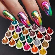 [Magic Chrome Powder] 24pcs/Set Chrome Nail Powder Magic Mirror Sanding Powder Chrome Pigment Metallic Pigment Hologram Flash Aurora Powder Spring Shiny Color Gel Polish DIY Nail Art Decoration
