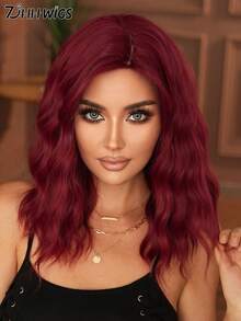 7JHH WIGS 18 Inch Medium Length Rose Red Curly Wig For Women Shoulder Length Wavy Wigs With Side-Swept Bangs, Natural Synthetic Heat Resistant Fiber Hair Wig For Girls Daily Party Use - Rose Red - View 2