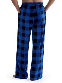 Mens Pajama Pants Soft Flannel Fleece Pajama Bottoms Sleep & Lounge Pants With Pockets And Drawstringhalloween - 黑色和藍色格子 - 查看 2