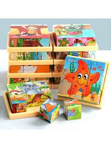 1pc 6-Sided Wooden Cube Block - Wooden Puzzle, 9 Cubic Blocks, Ocean World Animal Theme, Helps Concentration, Categorization And Logical Thinking, Ideal Gift - Multicolor - View 5