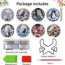 1 Set Of 8pcs 5D Diamond Painting Coaster Kit, Including Christmas Series, Cartoon, Landscape And Other Patterns To Choose From, To Exercise Hands-On Ability, Suitable For Beginners, Acrylic Diamond Covered Coaster, Dining Table Insulation Coaster, Comes With Tools, With Iron Bracket