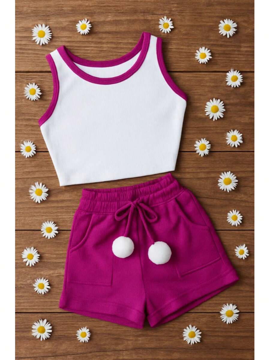 Conjunto para Meninas e Adolescentes Infantil e Juvenil Tween Cropped Regata e Shorts com Pompom Caneado Ribana Super Delicado CJI034 - Púrpura - Visão 1