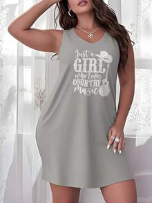 Plus Size Womens Elegant Casual Dress - Country Music Lover Girl Hat Guitar Print Fashion Black/Orange/Pink/Grey Sleeveless Crew Neck Dress - Perfect For Summer Vacation & Great Gift For Ladies - 灰色 - 查看 1