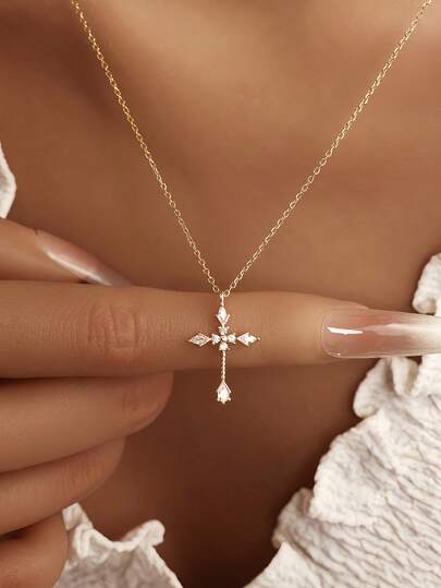 1件S925纯银镀金锆石十字架吊坠项链 - 低过敏性铂金镀层 - 简约经典锆石水滴十字架设计 - 可搭配同款十字架套装 - 纯银首饰 - 女士项链 - 颈链 - 适合作为节日礼物 - 日常佩戴 - 可叠戴