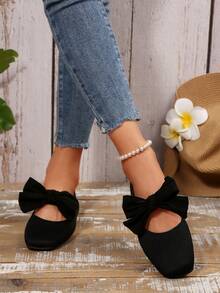 女士编织玛丽珍平底鞋，优雅可爱蝴蝶结装饰平底鞋，透气针织方头芭蕾平底鞋，学生鞋，女士休闲鞋 - 黑色 - 查看 3