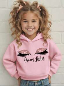 1 件年轻女孩休闲印花连帽运动衫，保暖内衬，长袖，秋冬，学生装 - 可爱的眼睛和长睫毛设计，舒适的外套 - 粉色 - 查看 7