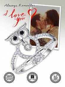 1pc S925 Sterling Silver Owl Shaped Ring, Black Synthetic Cubic Zirconia Eyes, Mysterious & Sparkling Synthetic Cubic Zirconia, Suitable For Daily Wear, Dates, Weddings, Celebrations, Easter, Halloween, Valentine's Day, Mother's Day, Birthday Gift, Comes With Gift Box