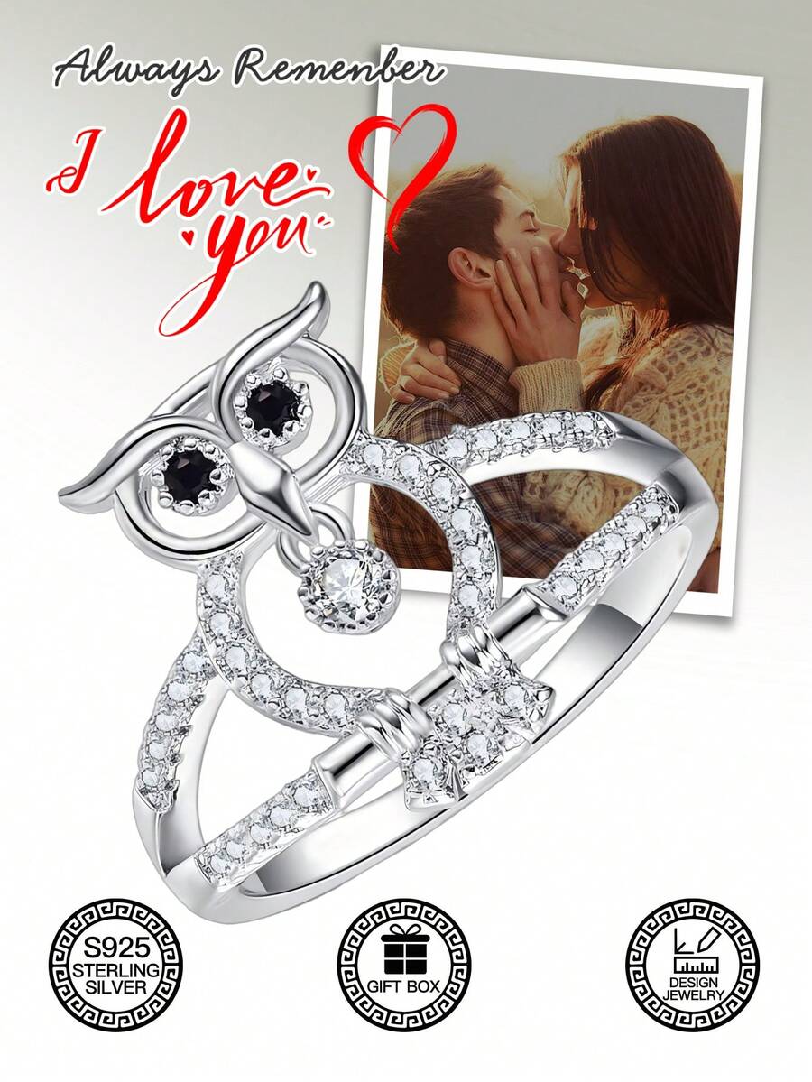 1pc S925 Sterling Silver Owl Shaped Ring, Black Synthetic Cubic Zirconia Eyes, Mysterious & Sparkling Synthetic Cubic Zirconia, Suitable For Daily Wear, Dates, Weddings, Celebrations, Easter, Halloween, Valentine's Day, Mother's Day, Birthday Gift, Comes With Gift Box