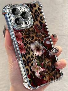 1pc Leopard Cherry Flowers Compatible With Apple Phone17/16/15/14/13/12/11/ProMax/Pro/Plus/Xs Max/XS/X,Four Corner Anti Fall Transparent Soft Shell Anti-Slip, Anti-Drop, Camera Lens Protection, Silicone Anti Wear Phone Case - 銀色 - 查看 4