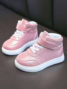 儿童平底防滑高帮休闲鞋，时尚百搭校鞋，休闲步行时尚童鞋，魔术贴扣合女童鞋 - 粉色 - 查看 3