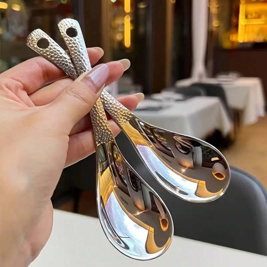 Earl Hammer Pattern High Gloss Stainless Steel Spoon Set - Large Capacity Deep Bowl, Mirror Polished Cutlery, Suitable For Desserts, Fruits And Home Kitchen Use - Silver - View 1