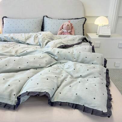 カテゴリーA 母子二重ガーゼベッド4点セット シワ加工ウォッシュコットン フレンチレースシーツと掛け布団カバー ドミトリー3点セット