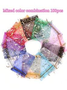 30 件/50 件/100 件月亮和星星印花抽绳欧根纱袋，礼品包装袋（黑白可选），DIY 礼品袋，适用于化妆品、生日、珠宝、婚礼新娘回礼、纪念品、情人节、圣诞节、复活节、毕业典礼、返校、感恩节、节日派对，3.5x4.7 英寸（9x12 厘米）