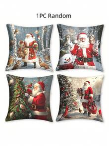 4pcs/1pc Christmas Pillow Covers - Santa Claus With Forest Animals And Christmas Tree Pattern Cushion Covers, 18x18 Inches | Zipper Closure | Bright Colors And Polyester Material | For Living Room, Room Decoration, Sofa And Bedroom (Filling Not Included) Great For Christmas Decorations, Christmas Party Home Decor Christmas Decorations Home