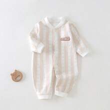 新生儿条纹简约英文字母刺绣前扣连体衣，婴儿长袖连体衣 - 杏色 - 查看 4