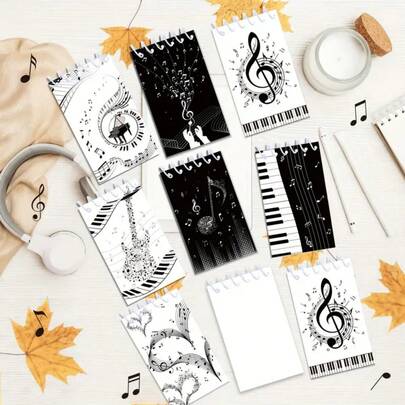 8pcs Mini Spiral Notebooks With Music Notes And Piano Keys Design - Black And White Bohemian Style Pocket Memo Pads, Portable Coil Bound Notebooks, Tear-Off Sheets, Suitable For Music Lovers, Birthday Party Supplies Or As Unique Gifts, Music-Themed Decor, Thick Paper, Applicable For Music Classes, School Supplies, Sheet Music, Office Supplies, Music Gifts, Back To School Gifts, Birthday Gifts, New Year Gifts