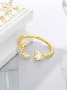 锆石首字母 A-Z 戒指，女士可调节开口戒指，姓名字母表，女性结婚珠宝礼物 - 金黃色 - 查看 4