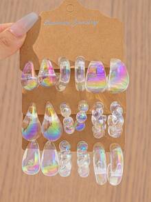 Colorful Transparent Earring Set For Women, Including Water Drop, Wide C, Twist C-Shaped Earrings, Popular Online