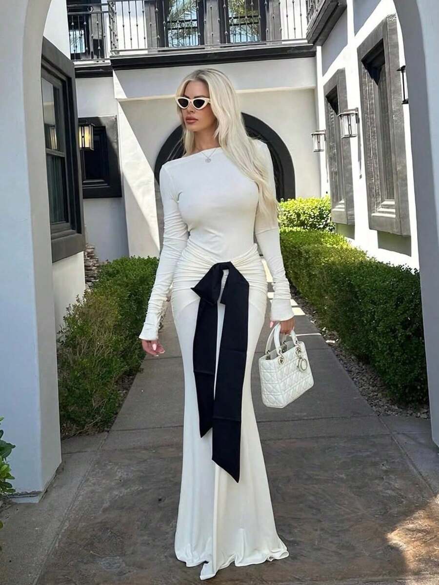 Conjunto de 2 peças de saia plissada elegante com laço e blusa de manga comprida para mulheres, adequado para coquetéis - Damasco - Ver 1