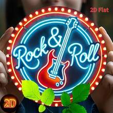 8x8 Inch Round Metal Sign, 2D Flat Rock Guitar Neon Wall Art, Waterproof & UV-Resistant, Frameless Music Themed Decor, Suitable For Cafe, Club, Bar, Room Decoration