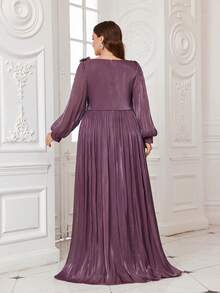 Vestido largo de noche, dama de honor, graduación o cena de mujer UNITHORSE Plus con cuello en V, mangas farol, unicolor, decoración de flores 3D - Morado - Ver 2