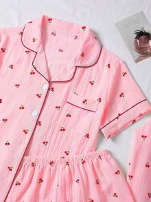 3pcs Bubble Crinkle Cherry Print Women Pajama Set - Short Sleeve Button Collar Top And Shorts + Long Pants - Hồng - Xem 5