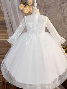 Girls Elegant Lace Patchwork Trailing Princess Dress, Flower Girl Pageant Gown, Wedding Party Performance Dress - White - View 8