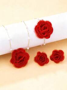 Women's Jewelry Set - Elegant Fabric Red Rose Necklace, Bracelet And Earrings Set, Suitable For Daily Wear, Dates And Parties