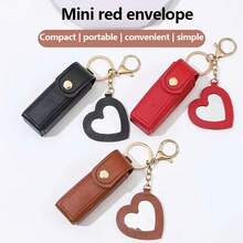 Solid Color Long Lipstick Makeup Bag + Heart-Shaped Small Mirror Pendant] Lipstick Storage Tool, Mini Lip Balm Organizer For On-The-Go Touch-Ups, Travel-Friendly Gift For, Faux Leather Coin Purse, Keychain Storage Bag - 紅色 - 查看 4