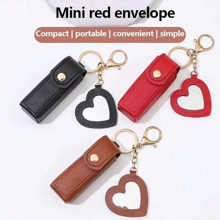 Solid Color Long Lipstick Makeup Bag + Heart-Shaped Small Mirror Pendant] Lipstick Storage Tool, Mini Lip Balm Organizer For On-The-Go Touch-Ups, Travel-Friendly Gift For, Faux Leather Coin Purse, Keychain Storage Bag - 紅色 - 查看 4