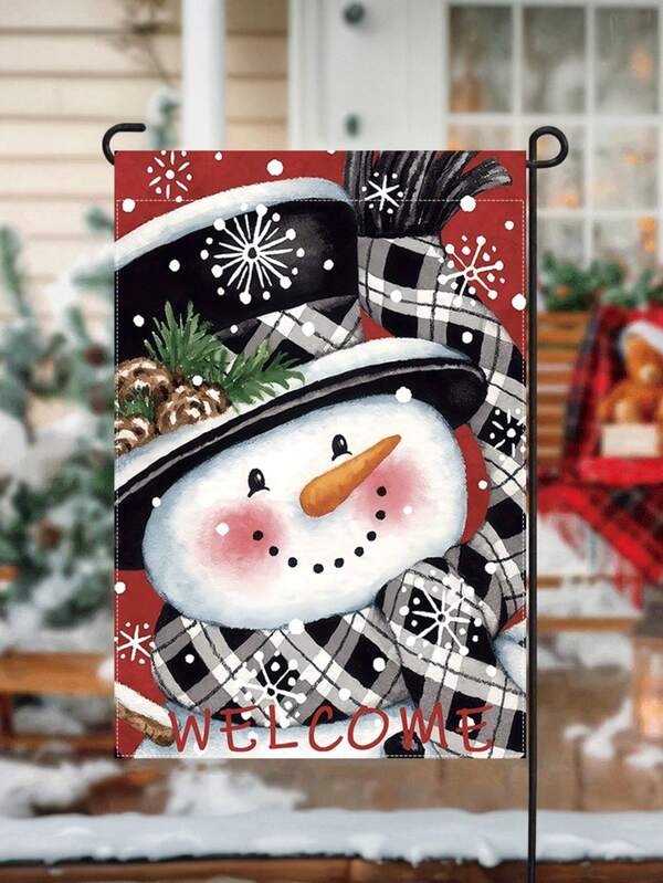 1 Stück Weihnachtsgarten Flagge - Karoschalmuster Schneemann mit "Willkommen" Text, Feiertags Outdoor Dekoration, strapazierfähiges Polyester Outdoor dekorativer Banner, 30x45 cm, geeignet für Rasen, Veranda, Terrasse und Garten Dekoration (Fahnenmast nicht enthalten) Hervorragend für Weihnachtsdekoration, Raumdekoration, Outdoor-Dekoration, Veranda-Dekoration