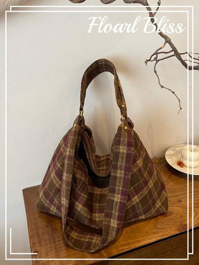 حقيبة كبيرة ذات نقشة مربعات للنساء، طراز كوري جديد عصري للكلية، حقيبة كانفاس ذات سعة كبيرة وحمالة واحدة، موسم الخريف