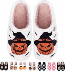 Cozy Plush Halloween Pumpkin Slippers, Non-Slip Fluffy Design - Pumpkin Witch - View 1