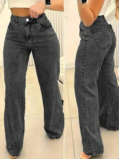 Plus Size Women Straight Leg Loose Casual Pockets Jeans