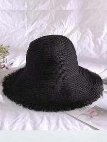 1 Pc Women's Spring/Summer Straw Hat, Large Brim Beach Hat Vacation And Outdoor - Màu be - Xem 4