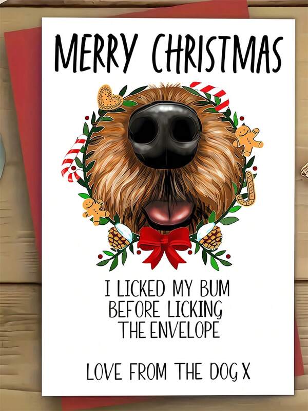 1pc Humorous Dog-Themed Christmas Greeting Card With Envelope, - "Merry Christmas, I Licked My Bum Before Opening" Message - Ideal For Siblings, Friends, And Dog Lovers