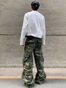 American Retro Distressed Patch Fabric Large Pocket Green Camouflage Work Pants Men's And Women's Micro Flared Loose Straight Leg Jeans New Style