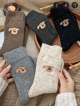 5双咖啡色韩版可爱小狗袜中筒袜，应季保暖睡眠袜，理想的圣诞新年礼物，温暖居家睡眠袜，寒冷天气必备，袜子收藏家必备