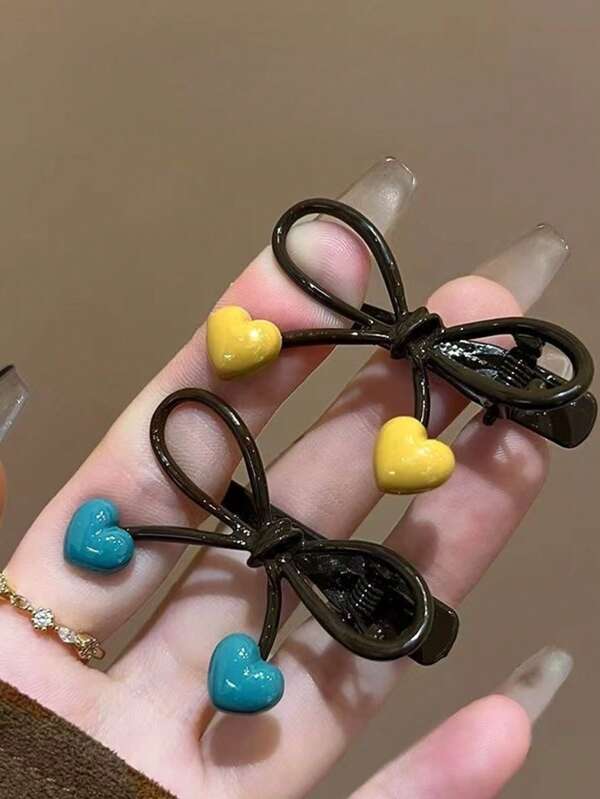 2 peças de grampos de cabelo com laço para mulheres, cor café, formato de coração, franja lateral, grampos de cabelo, presilhas de cabelo, grampos de cabelo