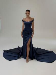 Basrey 新款优雅女士白色吊带连体修身连衣裙，拖地长裙，伴娘礼服，适合参加婚礼和担任伴娘，情人节礼服 - 藏蓝色 - 查看 11