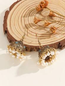 1 pereche cercei Jhumka vintage, cercei Jhumki sculptați cu perle artificiale și picătură de apă, potriviți pentru femei și fete în fiecare zi, pentru festivaluri, nunți și petreceri/bijuterii cadou