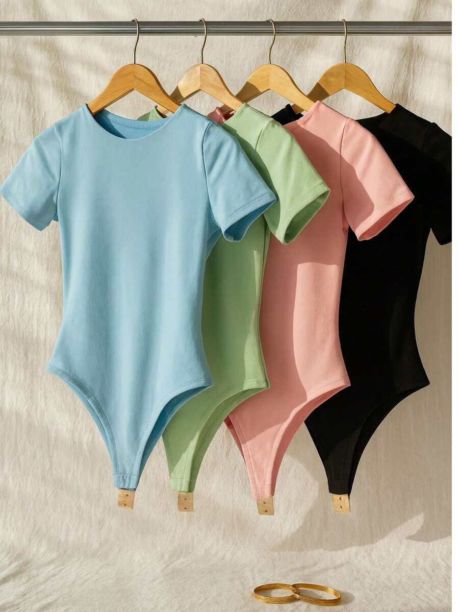 4-Piece Women's Bodysuit, Short Sleeve, Comfortable, Shapewear, Tight-Fitting Bodysuit In Basic And Versatile Suplex. Suplex Fabric Shapes And Enhances. Simple, Casual, Elegant, Knitted. - 藍色 綠色 粉紅色 黑色 - 查看 1