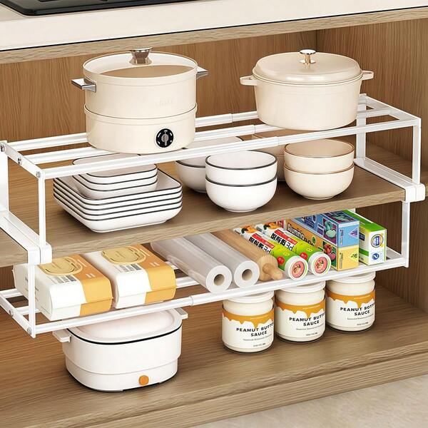 1PC Expandable Metal Kitchen Cabinet Storage And Organization Rack - Layered Storage Rack Under The Cabinet - Multifunctional Partition Hanging Basket, Used For Wardrobe Organization