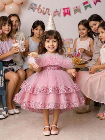 女童优雅亮片露肩袖拖尾连衣裙，公主蓬蓬裙，花童婚礼选美表演礼服