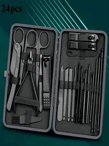 24PCS Black Nail Clipper Foot Repair Set - Stainless Steel Nail Clippers, Professional Set, Nail Care Tools, Comes With Luxury Travel Box
