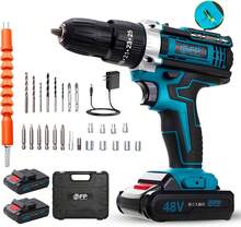 Taladro Inalámbrico 48V, 3 Modos de Trabajo, Incluidos Apriete, Perforación e Impacto, 25 Ajuste Esfuerzo de torsión, Con 2 Baterías Y Cargador, Para Madera\/Metal\/Bricolaje,Etc(Auzl\/Nueva Y Mejorada) - albaricoque - Ver 1